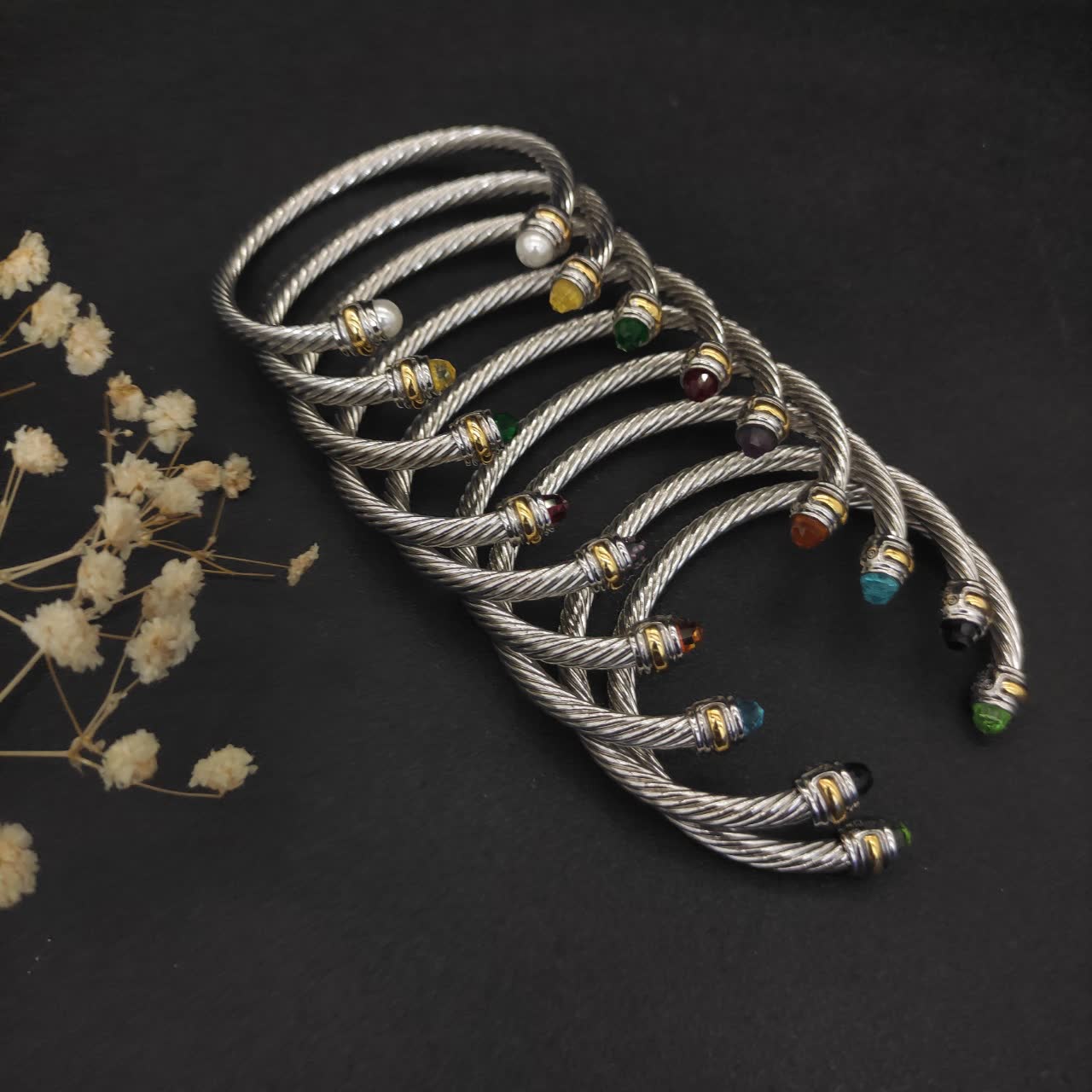 David Yurman Silver Cable Wire Bangle with Emerald Beads